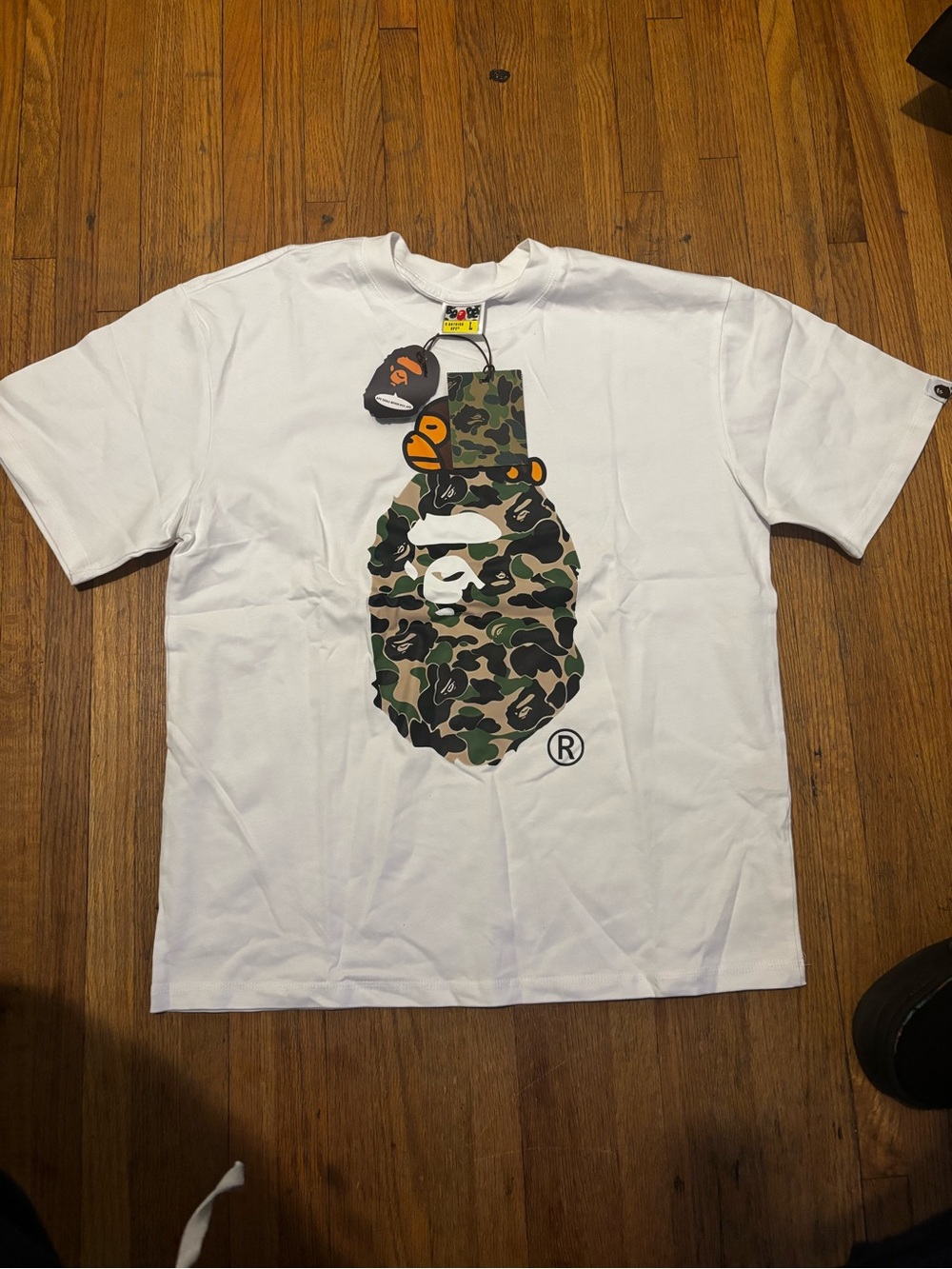BAPE White Tee with Green Camo Ape Head Graphic